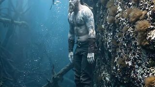 A muscular Viking man tests his courage by diving to extreme depths.