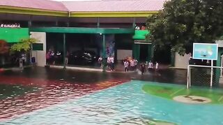Funny moment when school students were hit by floodwaters up to their calves