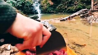 Cooking beef in forest
