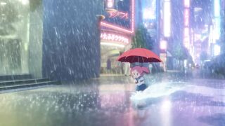 Anime character running in the rain