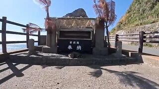 This cat guards a stone monument at the edge of the cat residential area on Cat Island.
