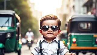 A cute baby fun talking while walking along the main road