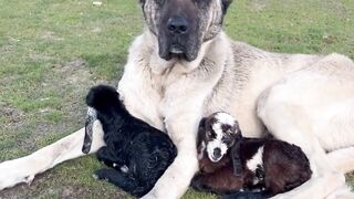 Unlikely Best Friends ???? #animals #dog #lamb #gentlegiant