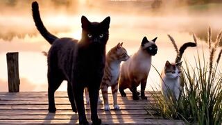 Quatro gatos se aventuram à beira do açude, onde a água reflete o brilho do sol