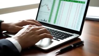 Financial Analyst Working on Data and Charts on Laptop in Office