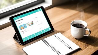 Modern Workspace with Tablet Notebook and Hot Coffee