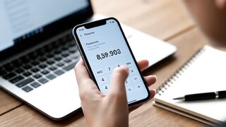 Person Using Financial Calculator App on Smartphone in Office Setting