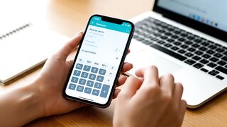 Hands Holding Smartphone with Finance and Budgeting App on Office Desk