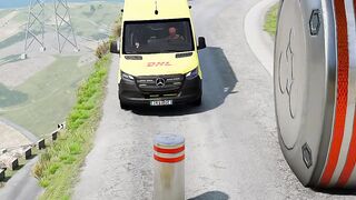 Cars & School Bus vs Giant Pit Bollards Crash #4 - BeamNG.Drive