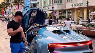 Ice Blue Bugatti Flying Hypercar Takes Off Over Miami Beach at Sunset