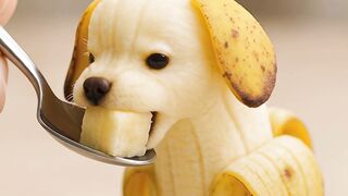 Cute banana dog eating banana