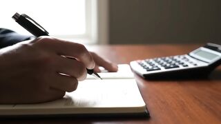 Businessman Writing Financial Plans with Calculator