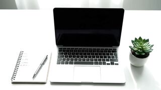 Minimalist Workspace with Laptop, Notebook, Pen, and Potted Plant