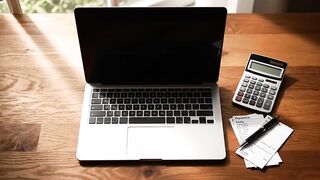 Laptop with Calculator and Receipts for Financial Accounting
