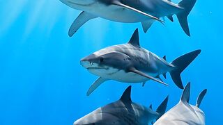 A shark squad moving through crystal-blue water.