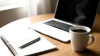 Modern Home Office Workspace with Laptop, Coffee, and Notebook
