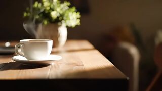 Steaming Cup of Coffee on Sunny Wooden Desk