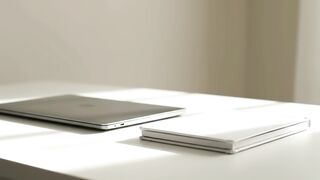 Minimalist Workspace with Laptop and White Notebook