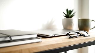 Minimalist Home Office Workspace with Laptop and Glasses
