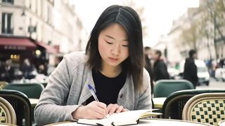 Young Woman Writing in Notebook at Outdoor Cafe