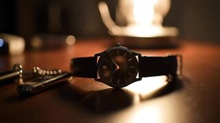 Elegant Black Wristwatch on Wooden Desk with Warm Lighting