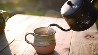 Pouring Hot Coffee into Rustic Mug on Wooden Table