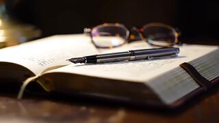 Fountain Pen and Eyeglasses on Open Book at Night