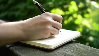 Close-up of Hand Writing in Notebook Outdoors