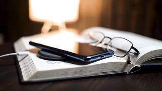 Smartphone Charging on Book with Reading Glasses