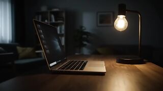 Atmospheric Workspace with Laptop and Warm Lamp at Night