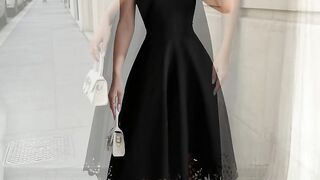 Minimalist Black Fit-and-Flare Dress Square Neck Sleeveless Laser Cut Lace Hem Casual Wedding Guest Dress