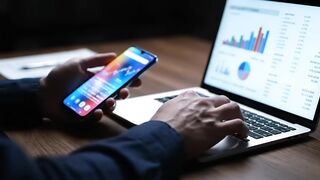 Financial Analyst Trading Stocks on Smartphone and Laptop