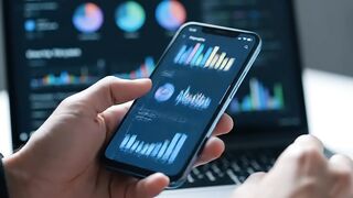 Smartphone with Financial Data Dashboard and Analytics Charts