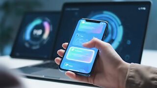Person using data analytics app on smartphone with laptop dashboard background