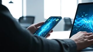 Futuristic Data Visualization on Smartphone and Laptop in Modern Office