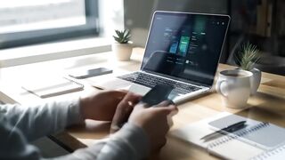Person Using Smartphone at Modern Desk Workspace