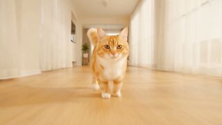 FPV camera rushes behind a ginger and white cat confidently