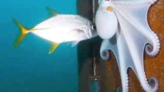 Watch as the white octopus opens its huge mouth and snatches its prey in a shocking underwater ambush!