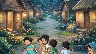 Children are playing in their minds on a moonlit night.