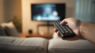 Hand Holding TV Remote Control in Cozy Living Room