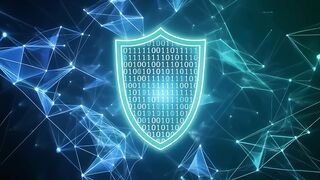 Cyber Security Shield with Binary Code on Network Background