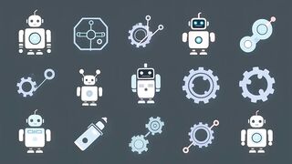 Cute Cartoon Robots and Technology Icons Set
