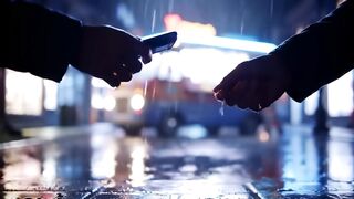 Rainy Night in the City: Silhouetted Hands and Food Truck