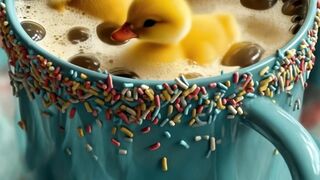 Tiny Ducklings Having a Pool Party in a Glass of Icy Chocolate Water