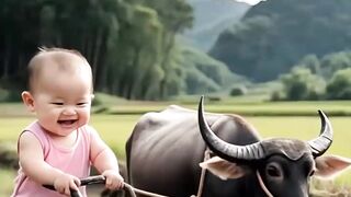 Little Farmer Plowing the Fields with a Tiny Buffalo