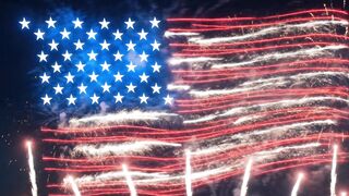 American flag formed by vibrant red and white fireworks exploding in the dark night sky