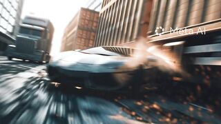Racing action between a Lamborghini sports car and a giant container truck on the highway.
