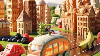 Whimsical food town with animated fruit cars driving on the streets.