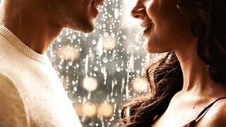 beautiful young couple standing near a window during heavy rain
