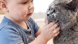 “The Cat Could Only Surrender While the Baby ‘Did Makeup’ on Him ???????? #fyp #viral #cat #funnycat #baby #cute #catlover #funnyvide